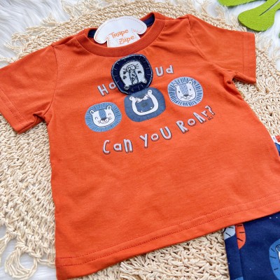 Conj. Camiseta Can You Roar? e Bermuda Leões - Ferrugem e Azul Marinho